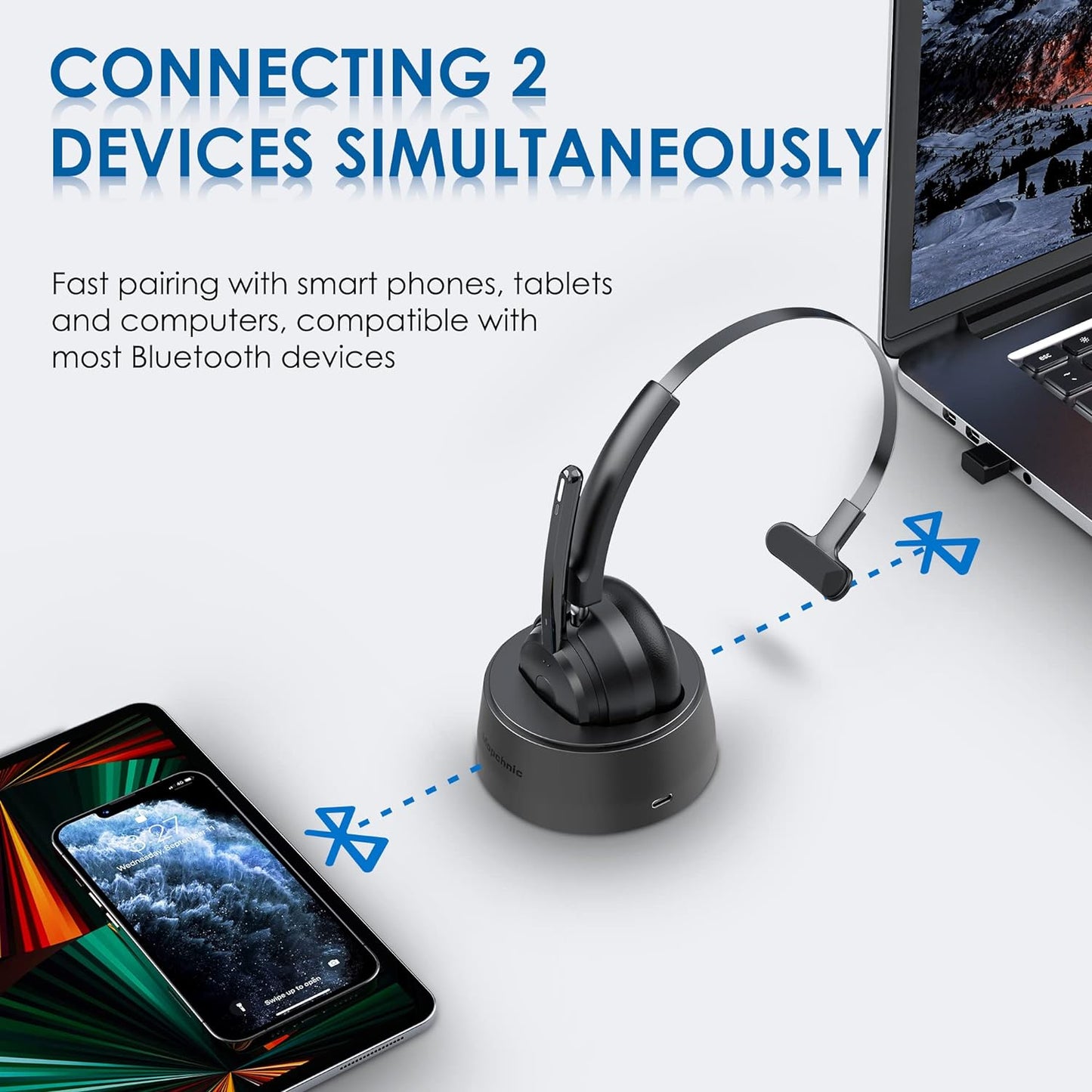 Bluetooth Headset, Wireless Headphone with Microphone for Computer, On Ear Bluetooth Headset with USB Dongle for Office Call Center Skype Zoom Meeting Online Class (Gray)