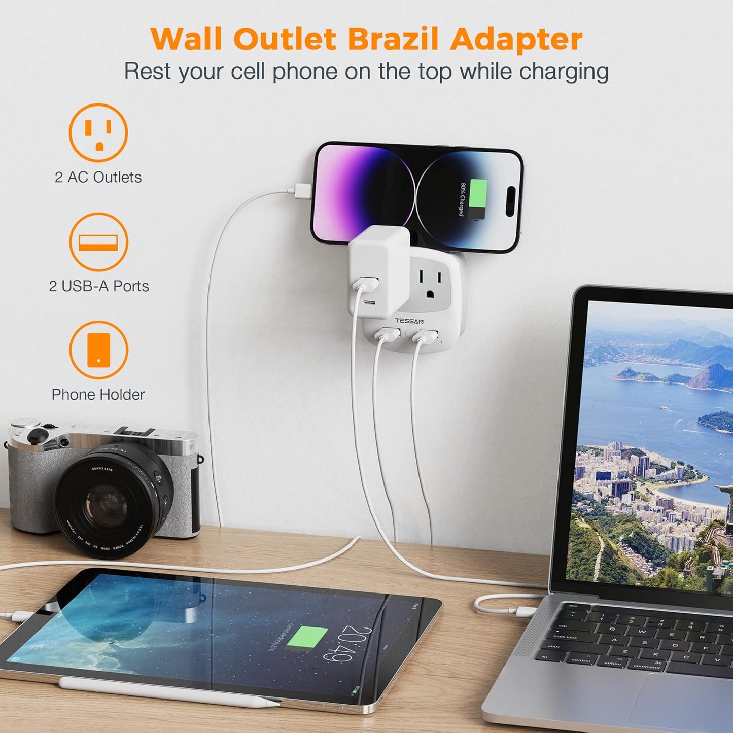 TESSAN Brazil Power Adapter, US to Brazil Plug Adaptor with 2 American Outlets and 2 USB Charging Ports, Type N Travel Adapter for USA to Brazilian Brasil