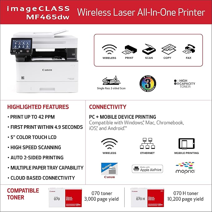 Canon imageCLASS MF465dw - Monochrome, Duplex Wireless Laser Printer, All-in-One with Scanner, Copier, Fax, Home or Office, Auto Document Feeder, Mobile Ready, 3 Year Limited Warranty, 42 PPM, White