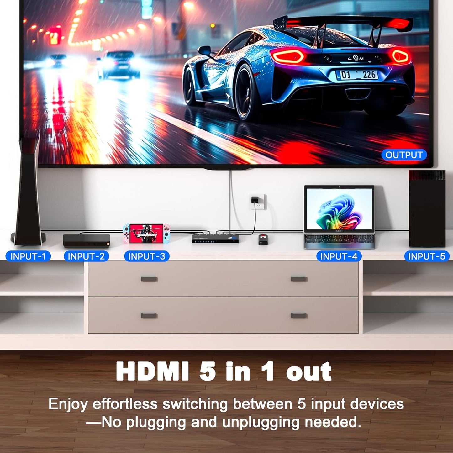 4K HDMI Switch 5x1 with Remote - 4K@60Hz HDR HDCP 2.2 - Auto-Switch for PS5/PS4/Xbox/Switch/PC