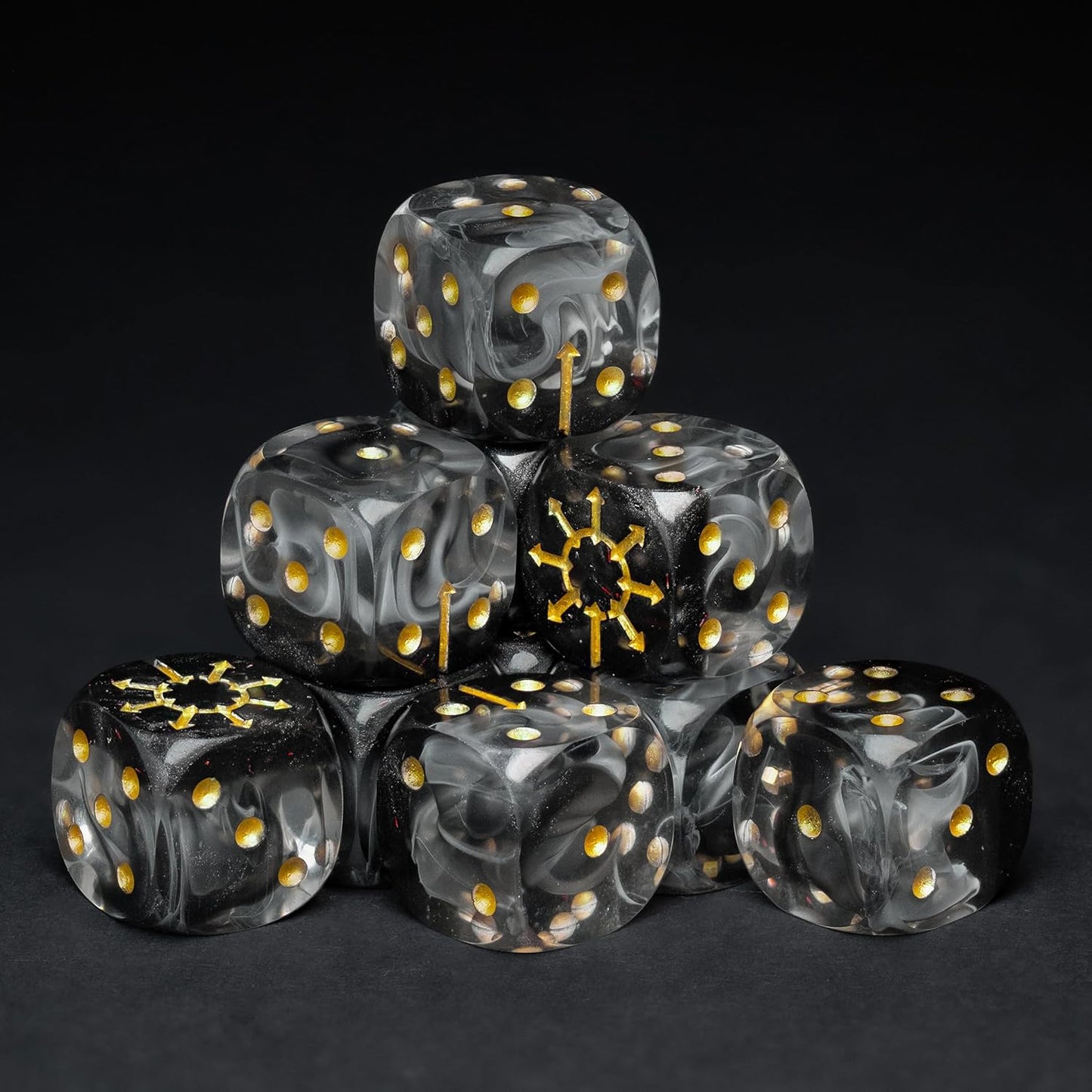 D6 Dice Set – 10× Six-Sided Resin Dice with Themed Designs – 16mm Tabletop for Wargames, RPGs, MTG, and Board Games (B-Dice in Wooden Box, Chaos Dice Set)