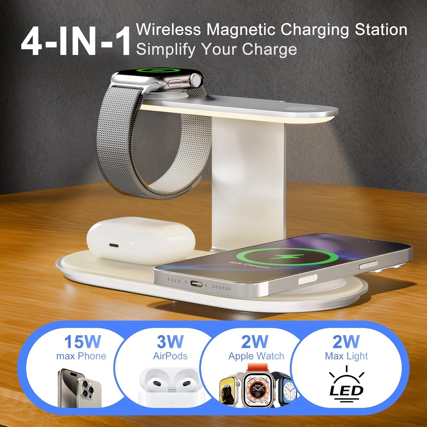 4-in-1 for Magsafe Wireless Charging: 15W Qi Magnetic Fast Charger Station Pad with Night Light for iPhone 16 15 14 13 12 Pro Max - for Apple Watch and AirPods Series - Desk Nightstand Bedside, Silver