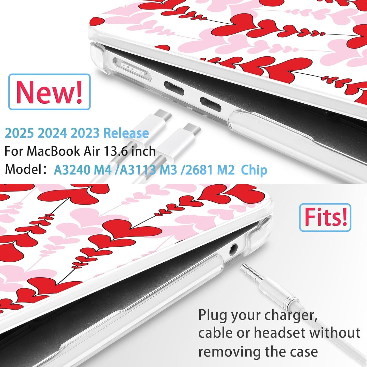 Mektron for 2025 M4 MacBook Air 13.6 Inch A3240 Case Fits 2023 A2681 M2 2024 A3113 M3 Chip with Liquid Retina Display Touch ID, Printed Plastic Hard Shell Cover for MacBook Air 13.6", Heart Wave