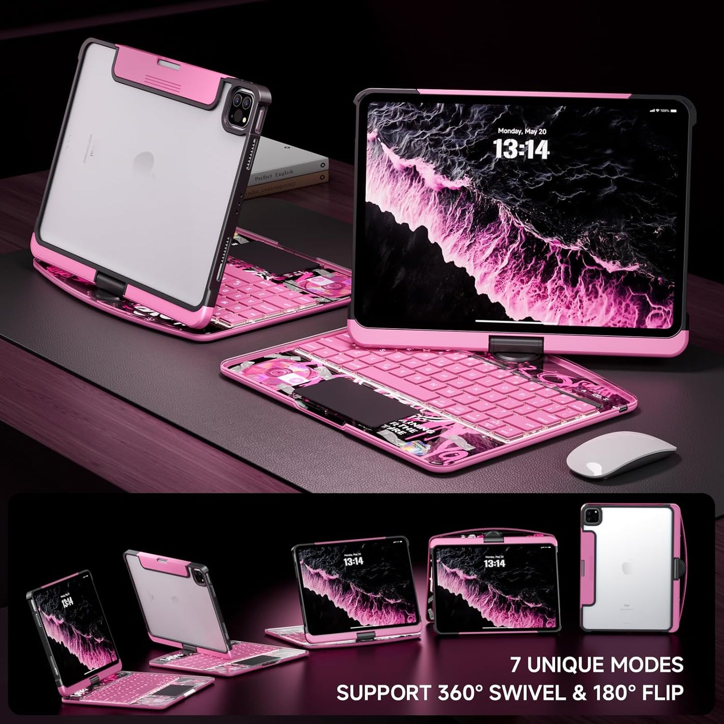 Transparent Case with Keyboard for iPad Air 13 Inch (M3/M2, 2025/2024), iPad Pro 12.9 Inch (6/5/4/3 Gen),7-Color Backlit,Magic Wireless Keyboard, 360°Rotating,with trackpad,Pencil Holder,Pink