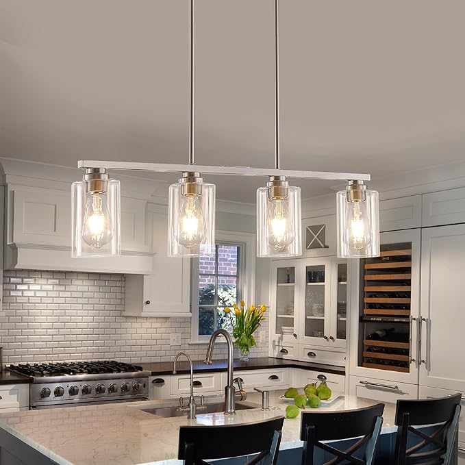 Island Light for Kitchen, Brushed Nickel Dining Room Light Fixture Over Table, 4-Light Linear Chandelier Pendant Lighting for Dining Table Kitchen Island Living Room