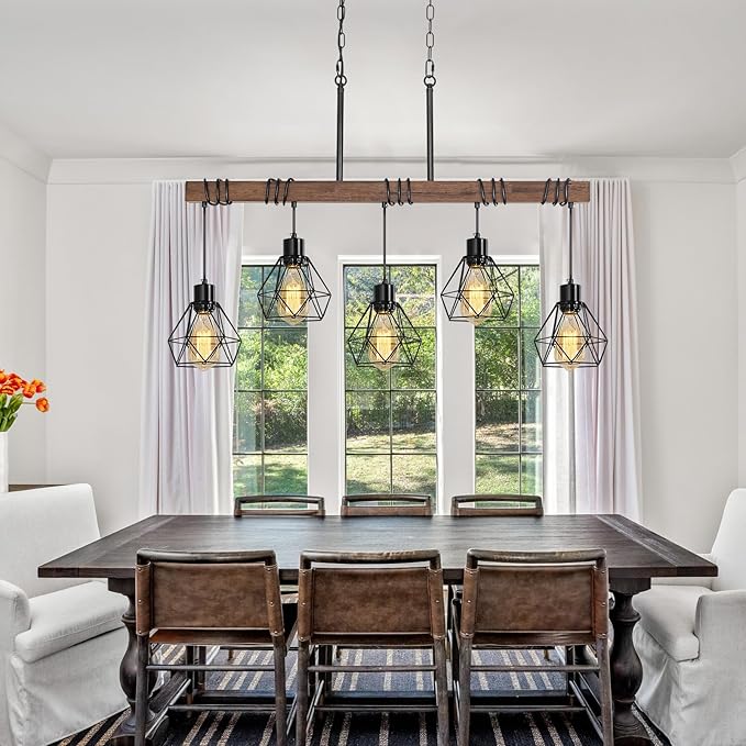5-Light Kitchen Ceiling Light Fixture - Modern Farmhouse Black Chandelier with Adjustable Height for Dining Room Over Table, Rustic Wood Linear Pendant Island Lights for Kitchen, E26 Base, UL Listed