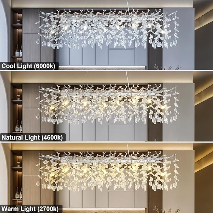 YUYI 47" Silver Crystal Chandelier, 14-Light Modern Tree Branch Chandelier, Luxury Rectangular K9 Crystal Raindrop Chandeliers for Dining Room, Kitchen Island, Living Room, Contemporary Light Fixture