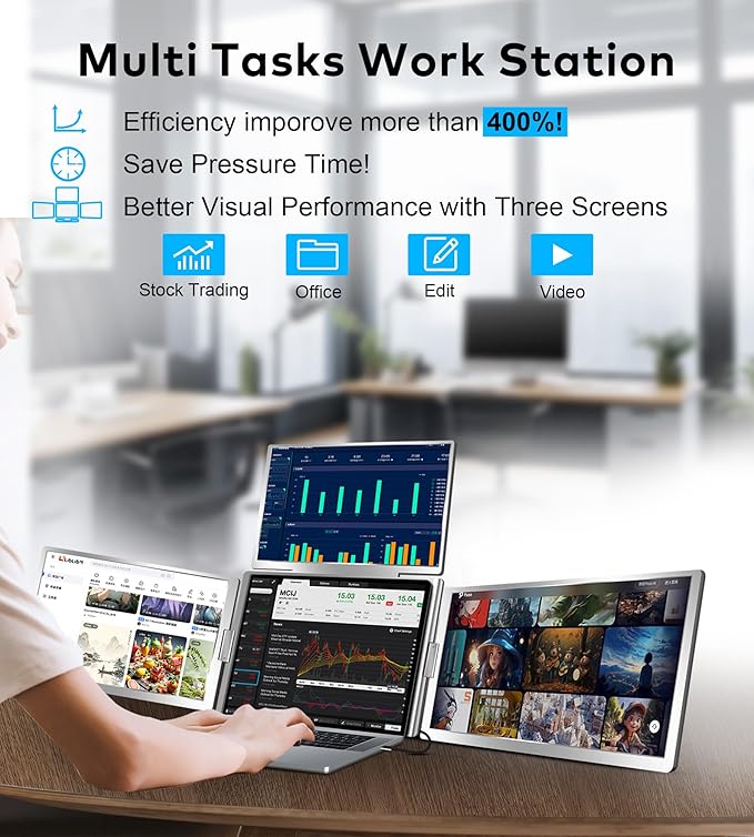 14" Portable Monitor for Laptop Screen Extender, Triple Laptop Monitor Display, 1200P FHD IPS Travel Gaming Monitor fit for 12"-17.3" Laptops, Compatible with Win 10/11 and Mac 2019 Above(S780-C)