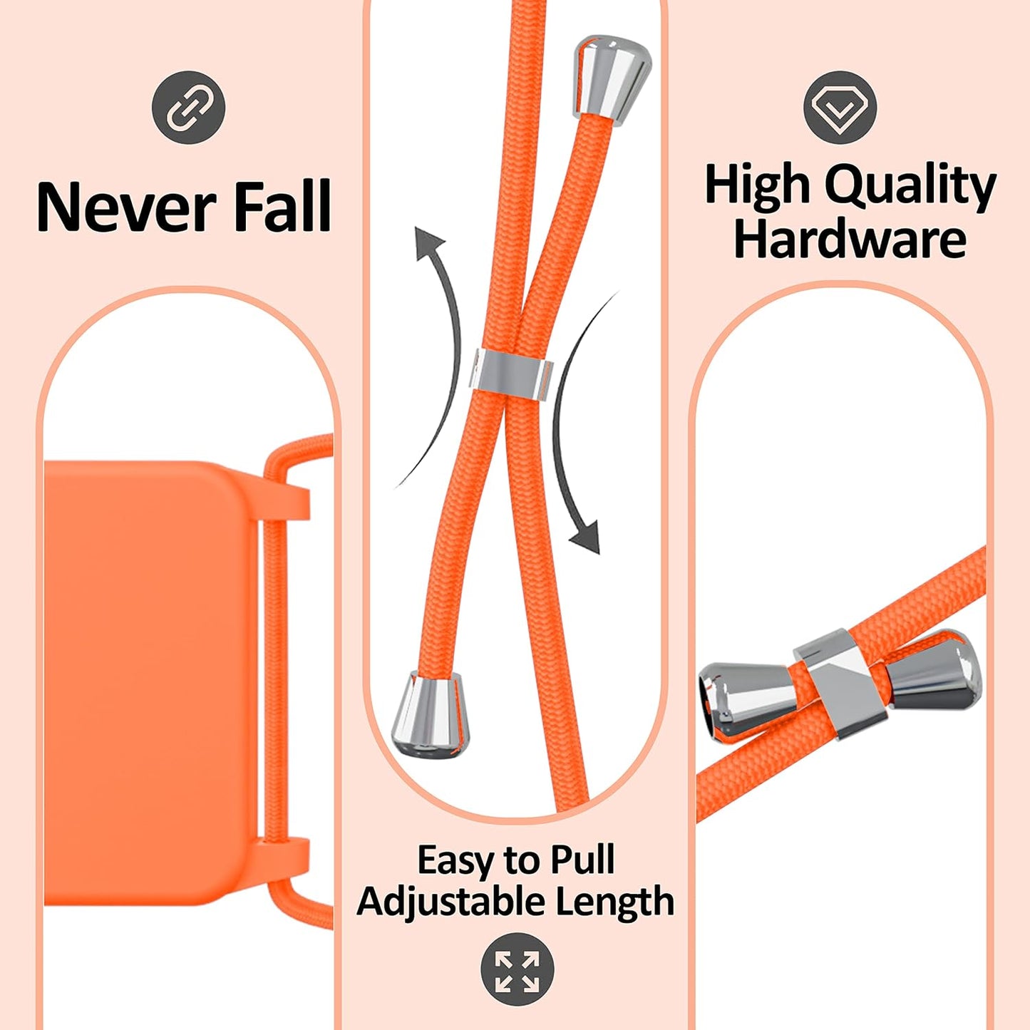 Blaspins Crossbody Lanyard Strap Case for iPhone 13 Pro, Neck Cross Body, Adjustable Holder Removable, Drop Protection Shockproof, Hands-Free Silicone Case 6.1 inch, 150 cm Strap, iP13Pro - Orange