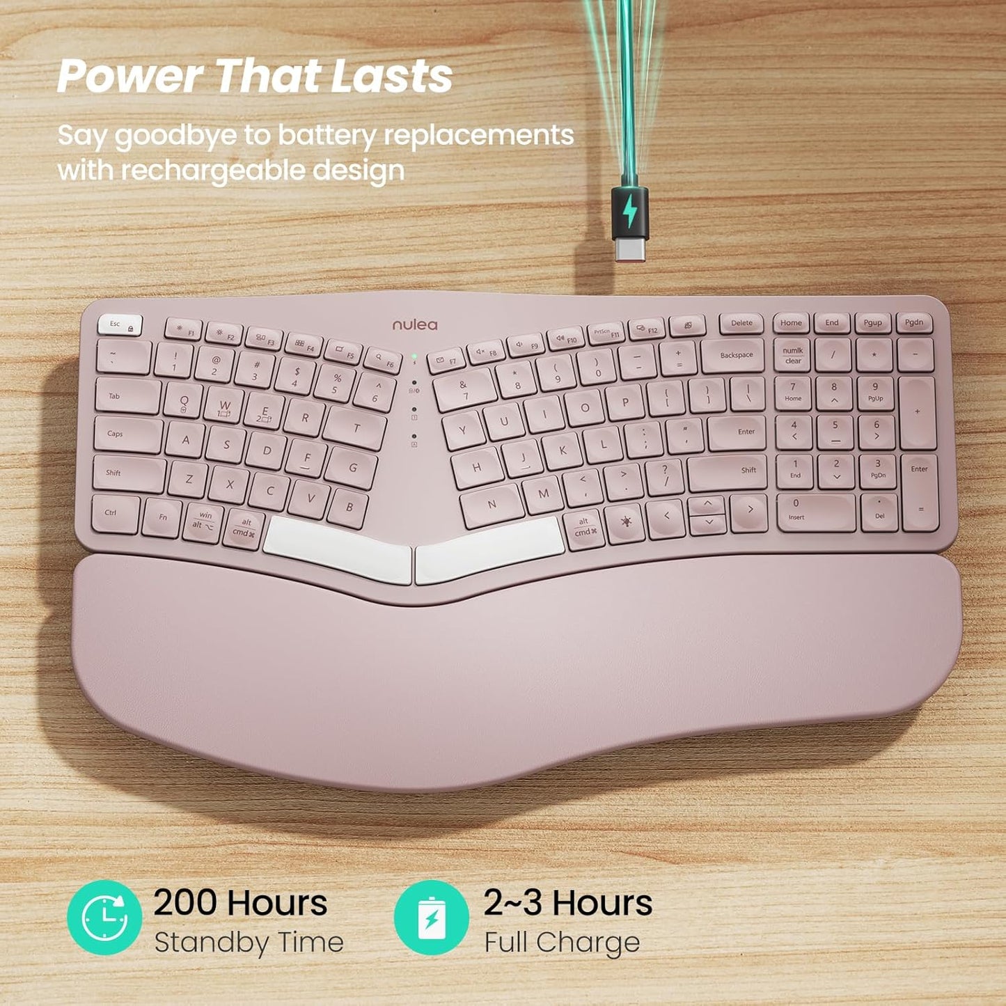 Nulea RT05 Wireless Ergonomic Keyboard, Split Keyboard with Wrist Rest, USB-C Charging, 7-Color Backlight, Natural Typing, Bluetooth and USB Connectivity, Compatible with Windows,Mac(Pink)