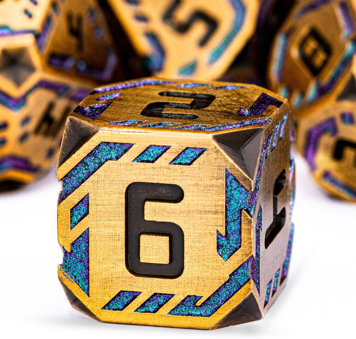 Metal DND Sci-fi Dice Set 7PCS Stripe Polyhedral Dice for Dungeons Dragons RPG Role Playing Game, Glitter D and D Dice with Gift Box D6 D8 D10 D12 D20 (Ancient Gold&Green Purple)