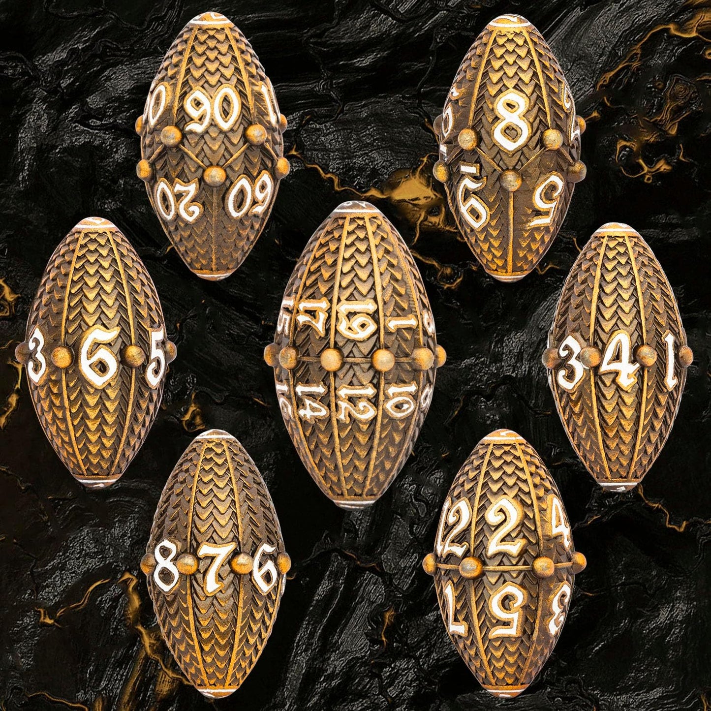 ARUOHHA DND Metal Dice Antique Gold Dragon Egg Dice with Rotating Dragon Egg Shell, Role Playing Game RPG Polyhedral D and D Dice Set D20 D12 D10 D8 D6 D4