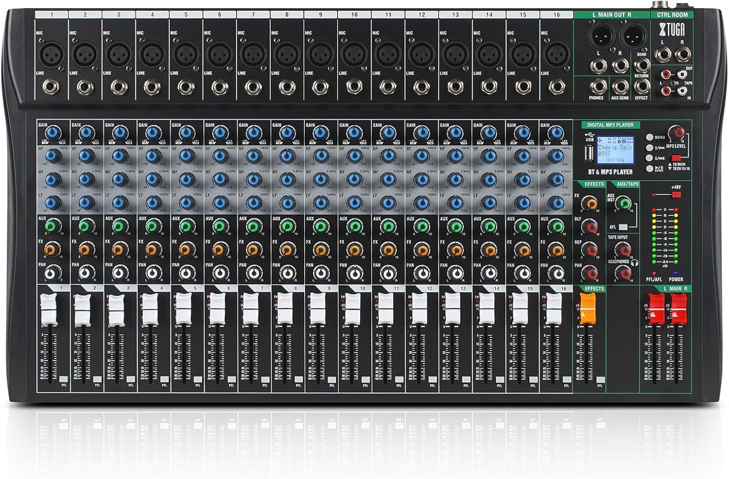 XTUGA 16 Channel Audio Mixer Sound Board Mixing Console, Audio Interface PC USB Bluetooth with 48V Phantom Digital Effect for DJ Live Recording Studio Karaoke(CT160)