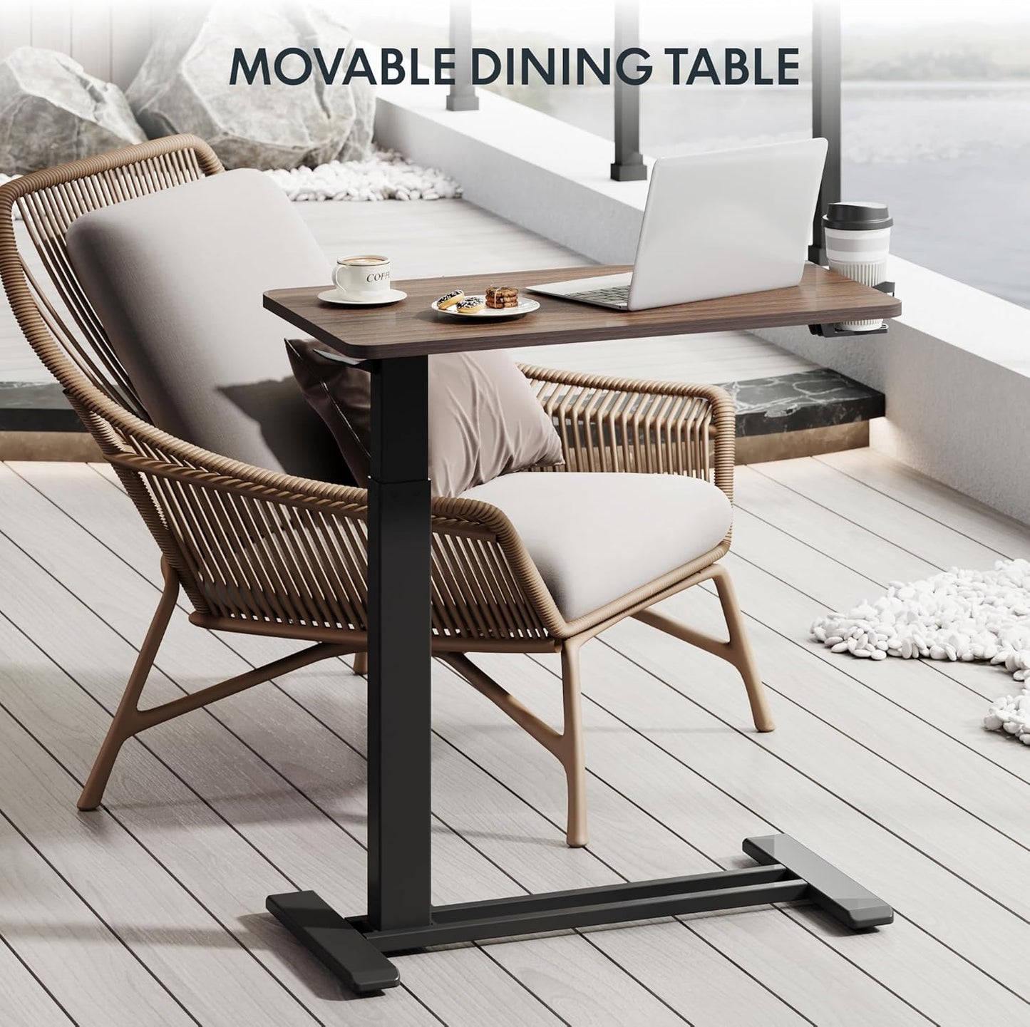 FLEXISPOT H7 Adjustable Overbed Bedside Table with Wheels Pneumatic Mobile Standing Desk Laptop Desk Rolling Computer Cart Movable Table Hospital Home Use(27.6" W x 15.7" D, Mahogany Table)