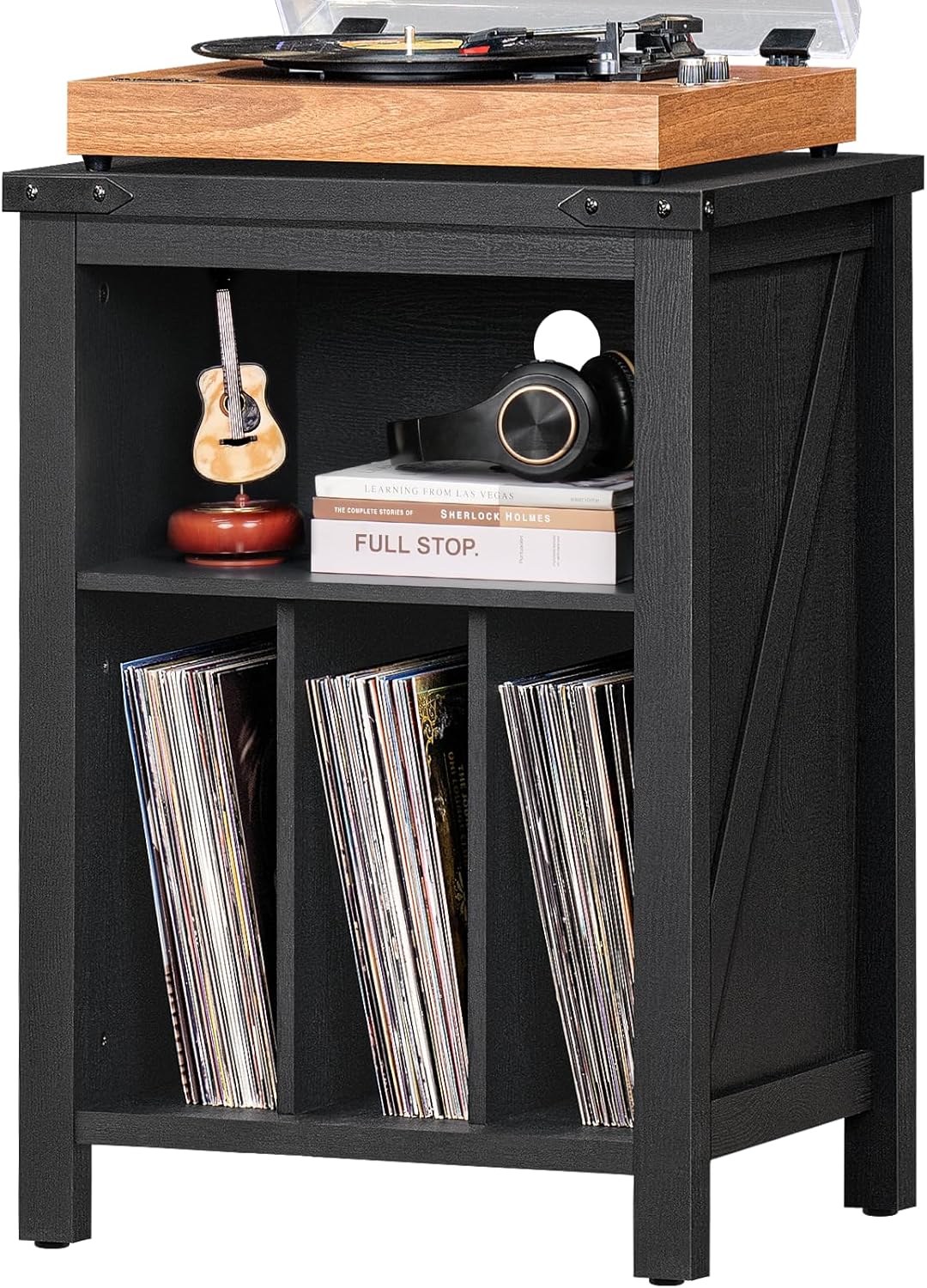 Record Player Stand with Vinyl Record Storage - Holds up to 160 Albums, Large Wooden Turntable Table, Black Cabinet Display Shelf for Living Room, Bedroom, Office