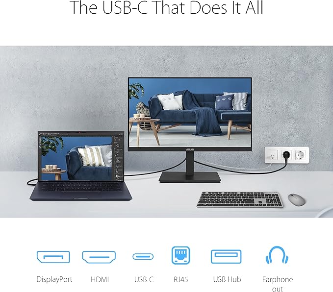 ASUS 27” 1080P Docking Monitor (VA27ECPSN) – Full HD, IPS, 75Hz, Adaptive-Sync, Speakers, Eye Care, Low Blue Light, Flicker Free, RJ45, USB-C, DisplayPort, HDMI, Height Adjustment, VESA Wall Mountable