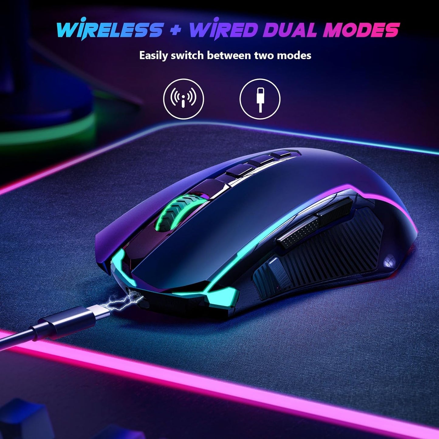 Redragon Gaming Mouse, Wireless Mouse Gaming with 8000 DPI, PC Gaming Mice with Fire Button, RGB Backlit Programmable Ergonomic Mouse Gamer, Rechargeable, 70Hrs for Windows, Mac Gamer, Black