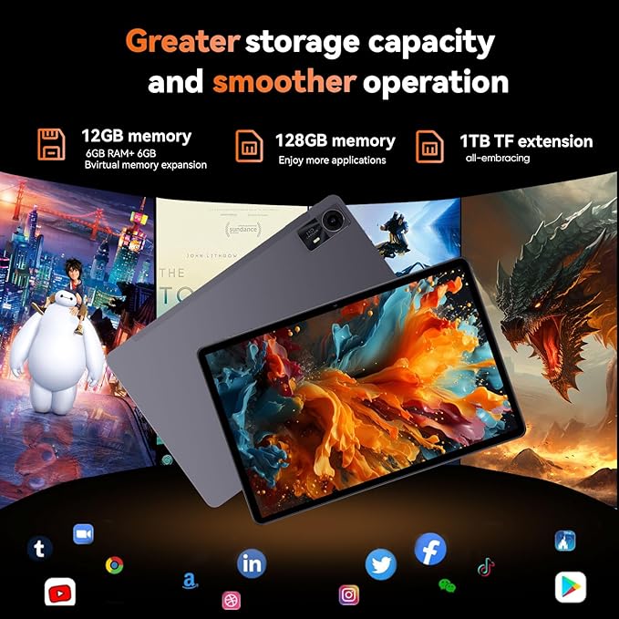 Android 15 Tablet, 12-inch Tablet with 20GB RAM 128GB ROM 1TB Expansion, T615 Octa-core Processor, 8000mAh, 2000x1200 2K Display, BT5.2, WiFi 5.0, 5MP + 13MP Dual Camera, Widevine L1, GPS (E20)