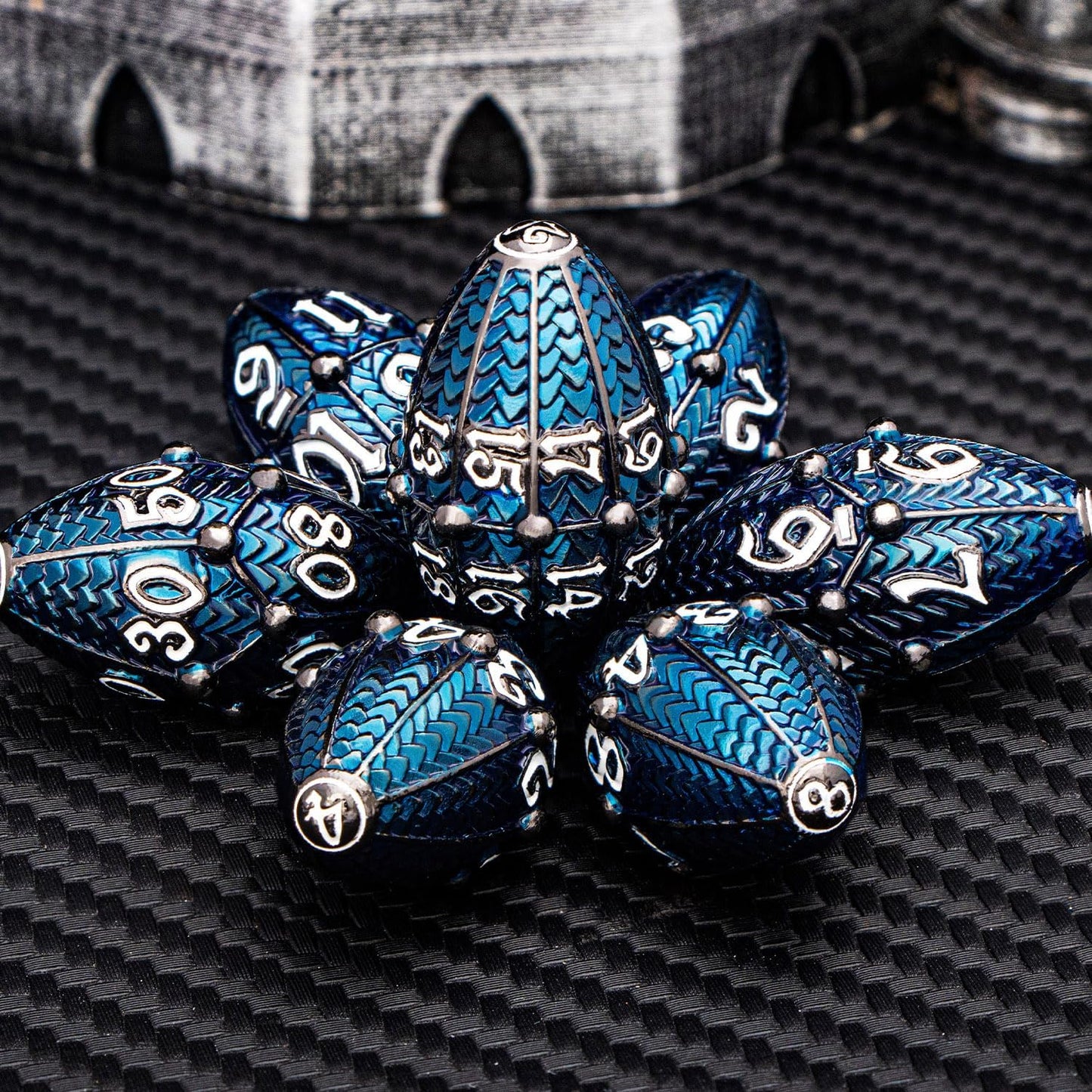 ARUOHHA DND Metal Dice Black Blue Dragons Egg Dice with Rotating Dragon Egg Shell, Compatible with D&D RPG Role Playing Game, Dungeons Polyhedral D and D Dice Set D20 D12 D10 D8 D6 D4