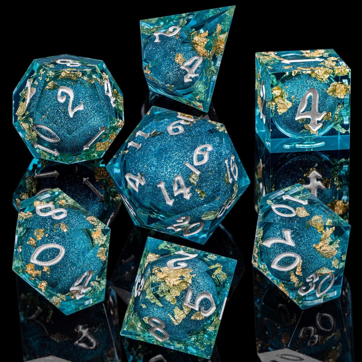ARUOHHA Liquid Core DND Dice Set, 7pcs Resin Sharp Edged Dragons Dice RPG Role Playing Games, Silver Numbers Blue Dungeons Polyhedral Dice with Gift Box D20 D12 D10 D8 D6 D4