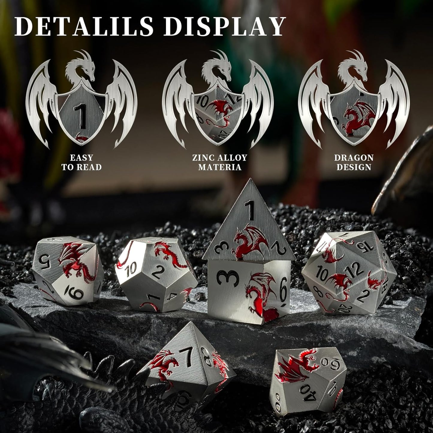Metal Dice Set D&D, HNCCESG Polyhedral Dice 7 Piece Dice Dragon Metallic DND Dice Set for Dungeons and Dragon RPG Tabletop Game(Matte Silver Red Dragon)