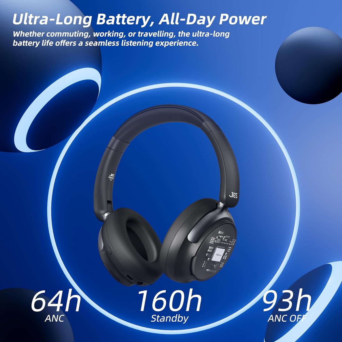 FunHub Active Noise Cancelling Headphones,Wireless Headphones BT 6.0 with Transparent Mode,Hi-Res Audio,Deep Bass,160H Playtime Foldable Storage Over Ear Headset for Gaming/Work/Travel-Black