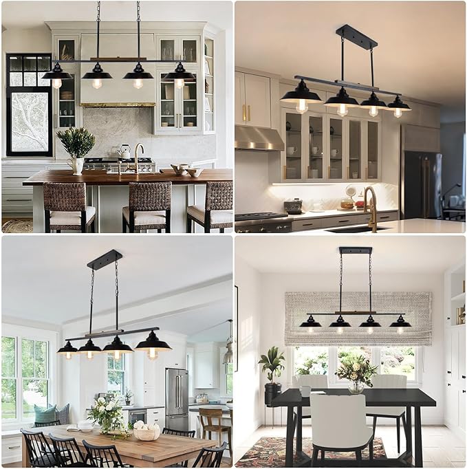 Kitchen Island Light, 4 Lights Black Pendant Dining Room Light Fixture Farmhouse Chandeliers for Dining Room Over Table Metal Hanging Lamp for Kitchen Island Hallway Pool Table