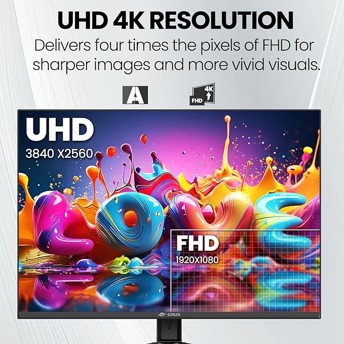 CRUA 28'' Monitor, 4K UHD+(3840×2560P)IPS 60Hz Computer Monitors, 15:10 Aspect Ratio, 10Bit Color, Built-in Speakers, Ultra-Clear PC Display Support HDMI 2.0 & DP1.4, Type-C Port, Wall Mountable–Black