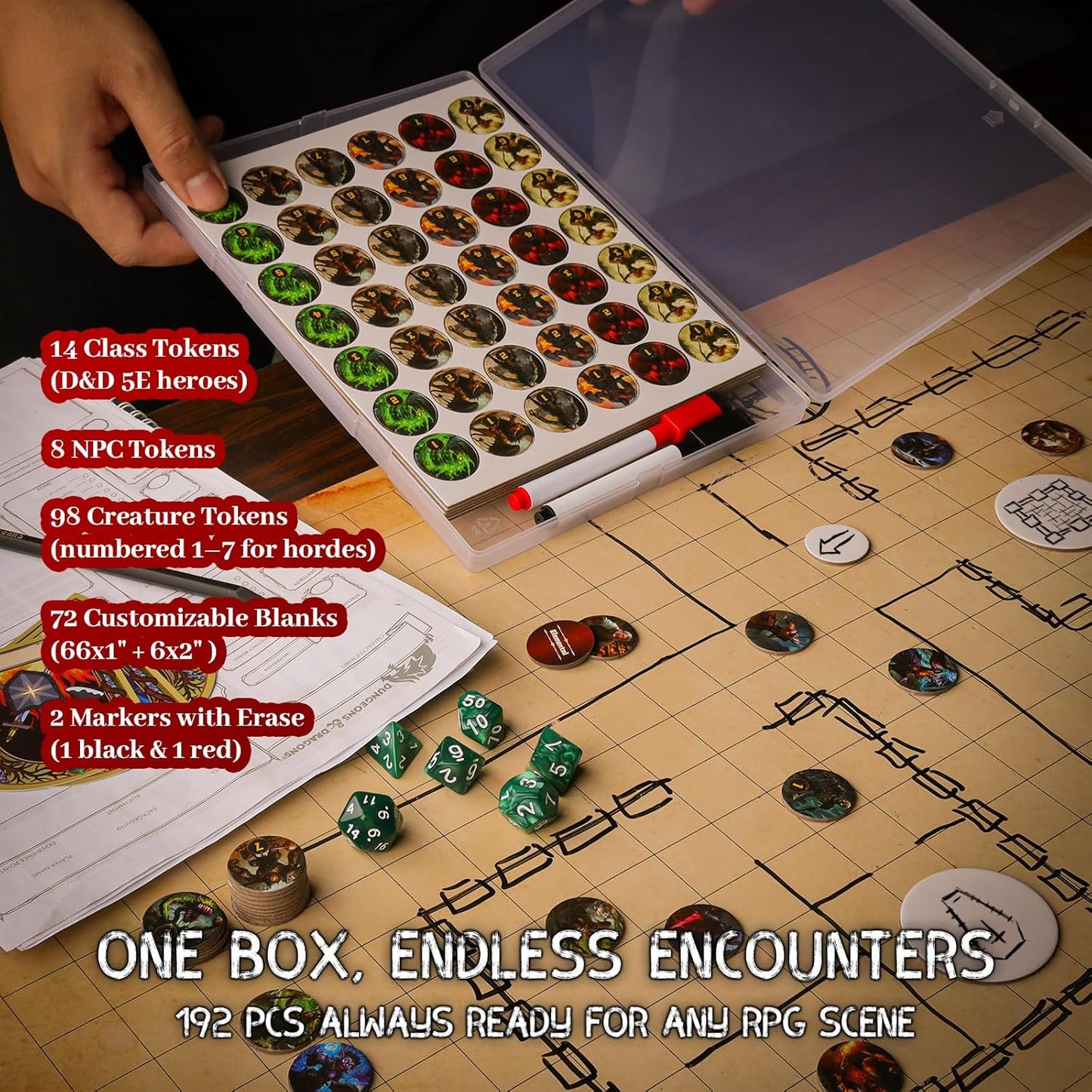 CZYY RPG Dry Erase Token Set - 192 PCS | Reusable Blank Tokens, Creature Tokens, 5E Class Characters with Maker Pens | Ideal for DND, Pathfinder, TTRPGs, MTG & Board Game