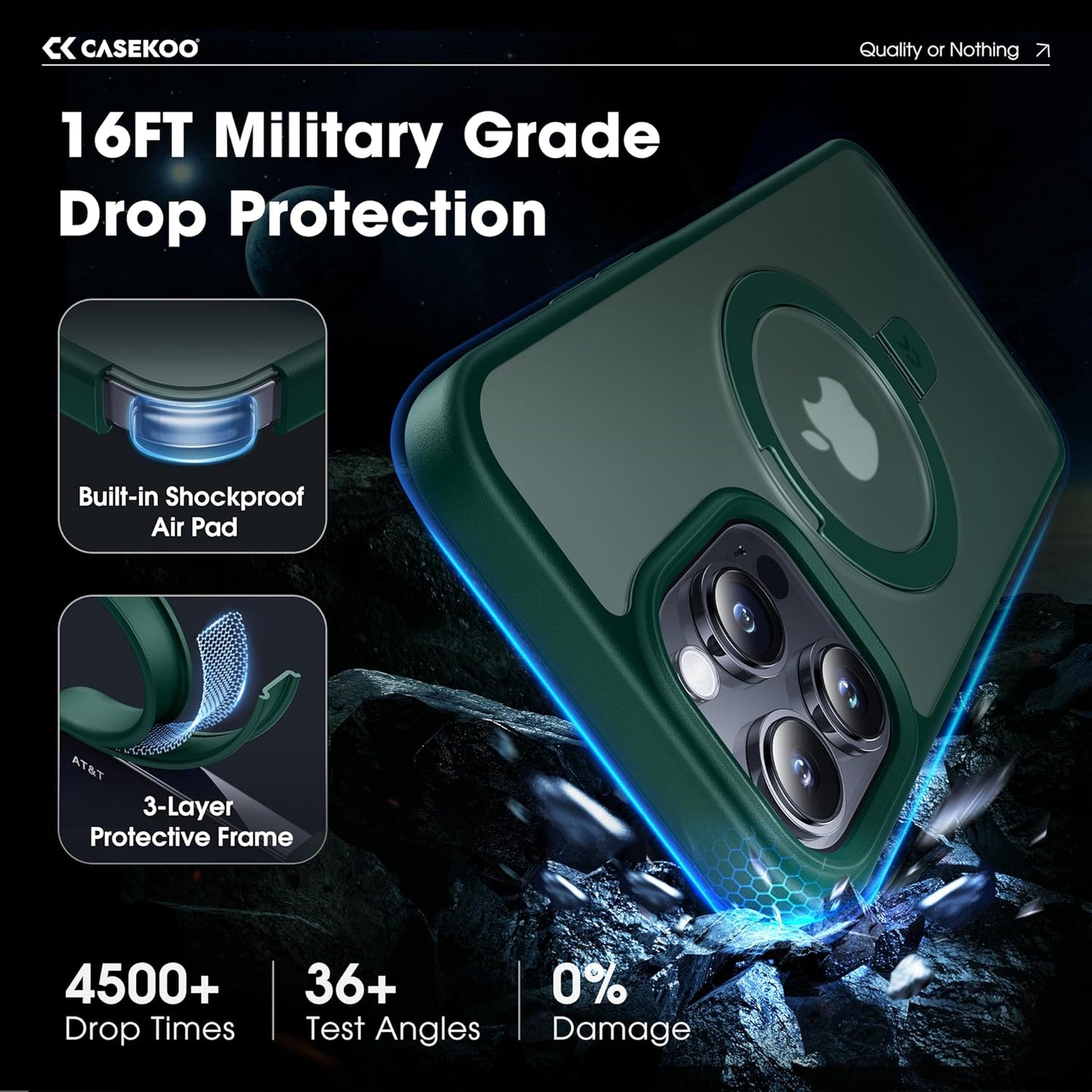 CASEKOO Designed for iPhone 14 Pro Case with Magnetic Invisible Stand [Military Drop Protection] [Compatible with MagSafe] Shockproof Slim Translucent Matte Pro Case 6.1 Inch, Green