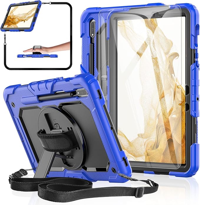 Case for Samsung Galaxy Tab S8/S7 11-inch 5G Tablet Case 2022/2020 [with Tempered Glass Screen Protector], 360° Rotating Kickstand/Hand & Shoulder Strap/S Pen Holder (Blue)