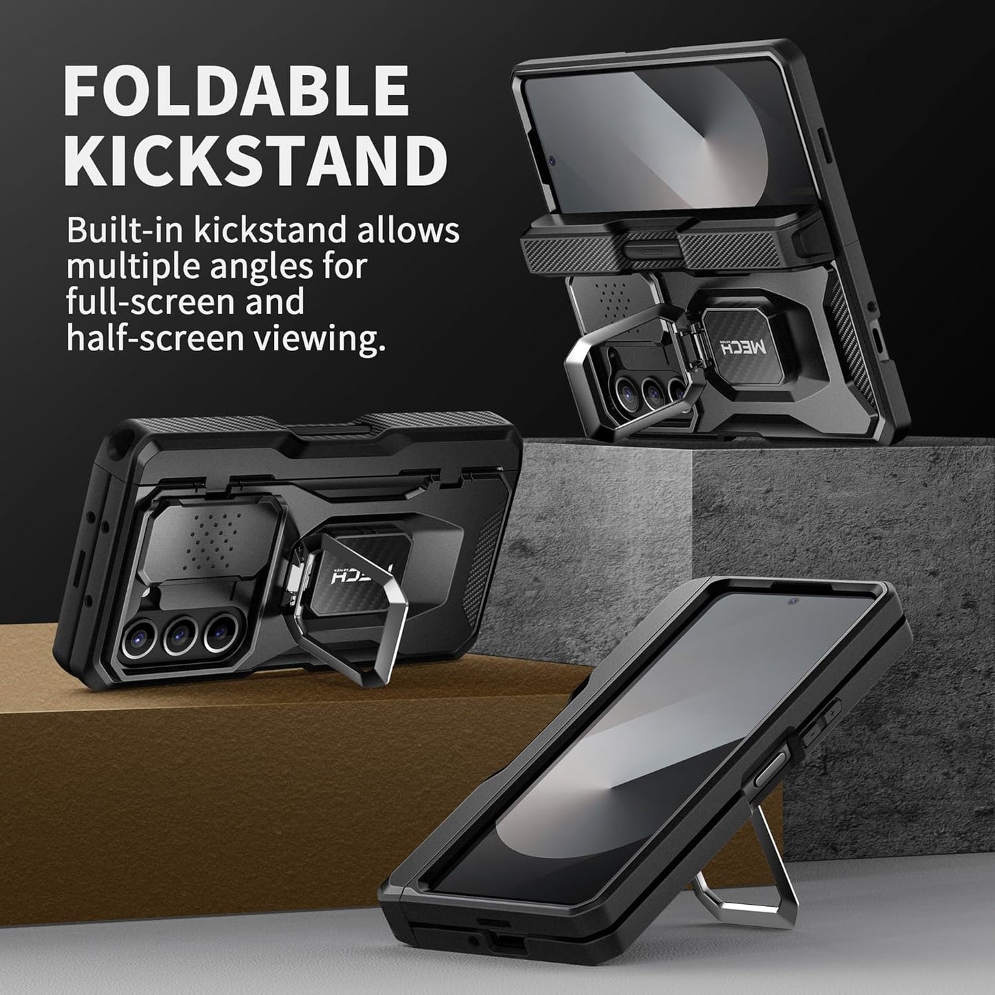Tongate for Z Fold 6 Case with Ring Stand, Built-in S Pen Holder & HD Glass Screen Protector Rugged Z6 Phone Case with Slide Camera Cover & Belt Clip for Samsung Galaxy Z Fold 6 2024, Black HD Film