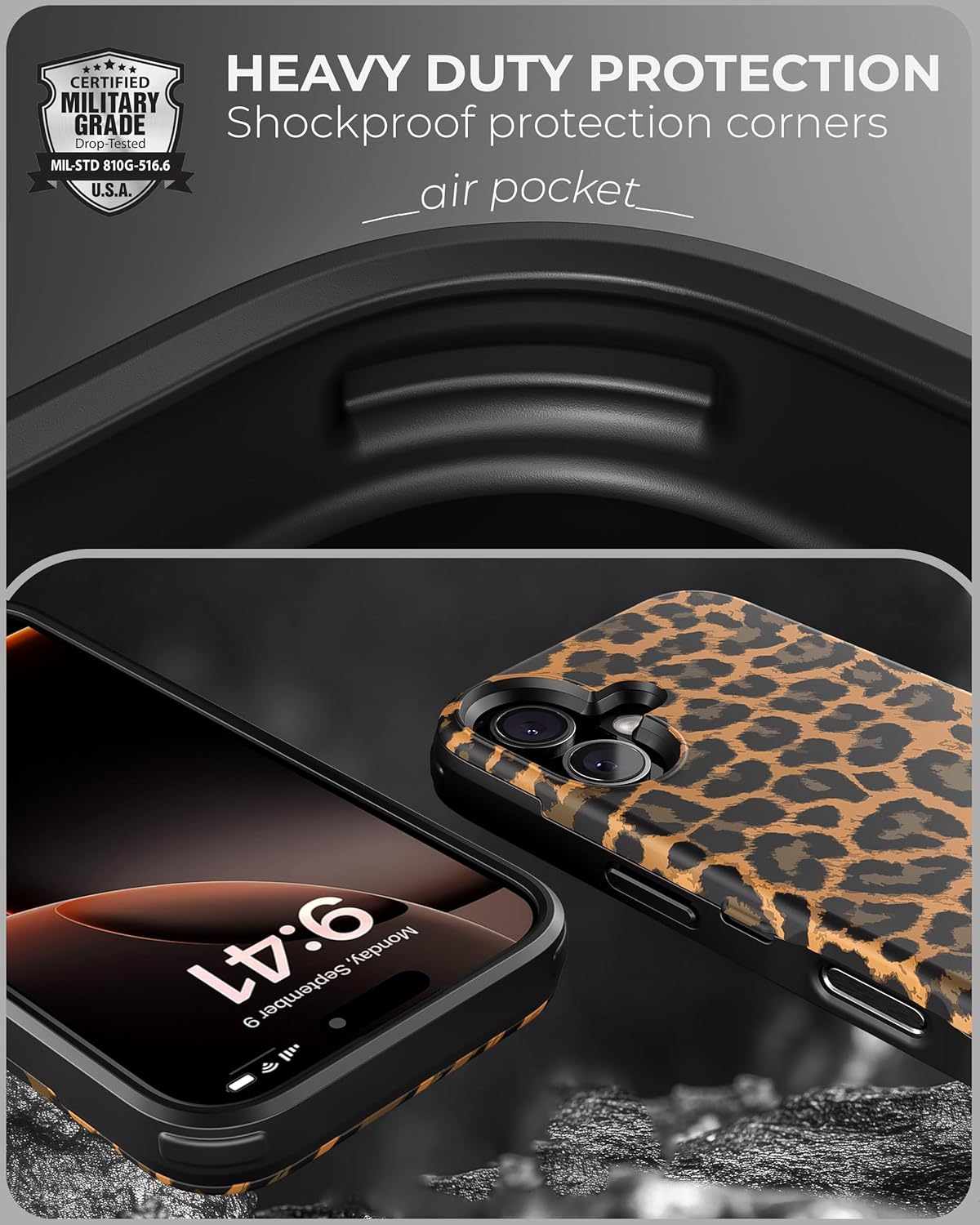 TORU CX Slim for iPhone 16 Case Wallet | Protective Shockproof Heavy Duty Cover with Hidden Card Holder & Card Slot | Mirror & Wrist Strap Included - Leopard