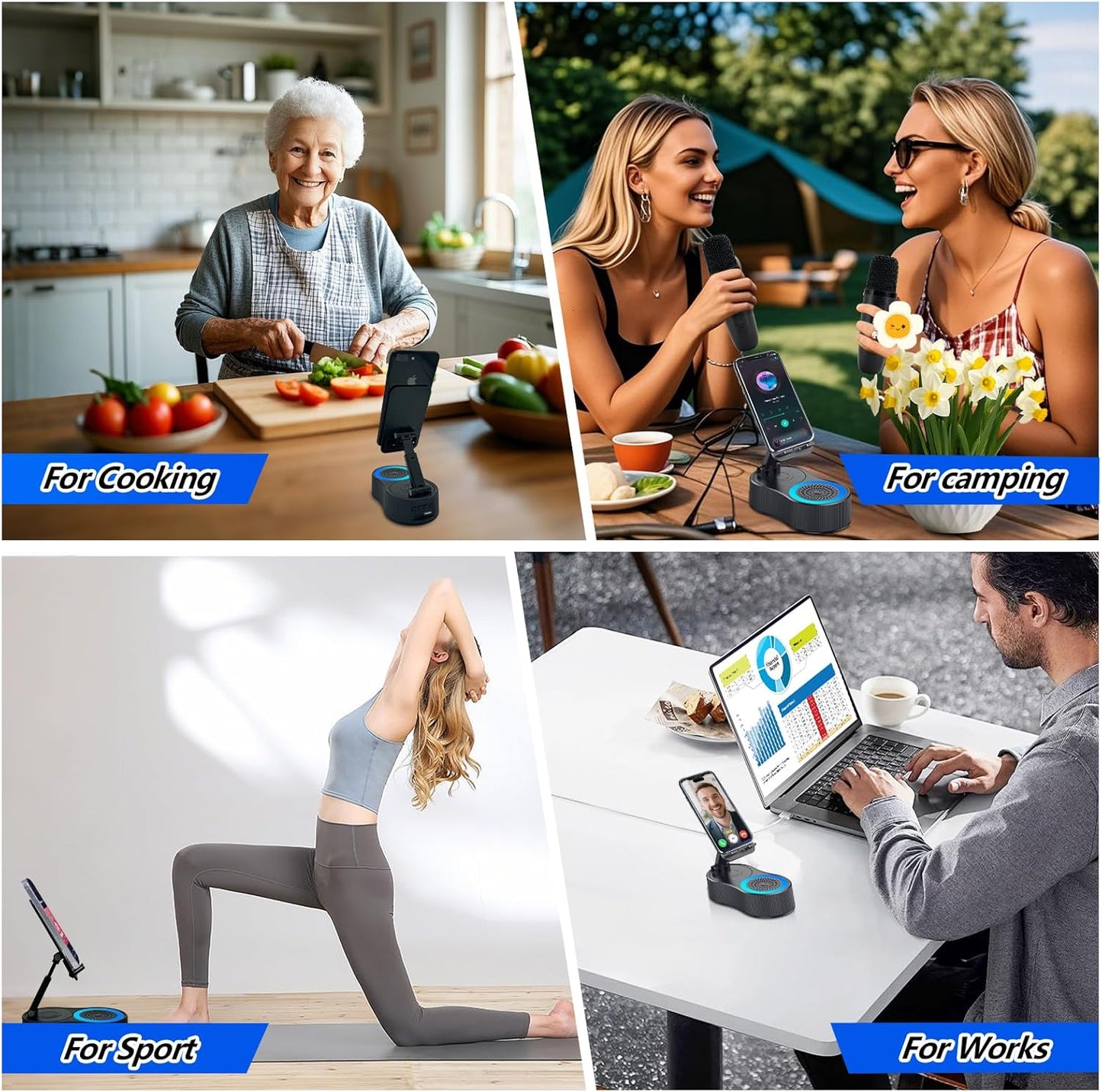 Gifts for Men Women,Cell Phone Stand with Wireless Bluetooth Speaker,Colorful Ambient Light 360° Foldable for Tablet iPhone Android 2 Wireless Microphones HD Surround Sound (Pink)