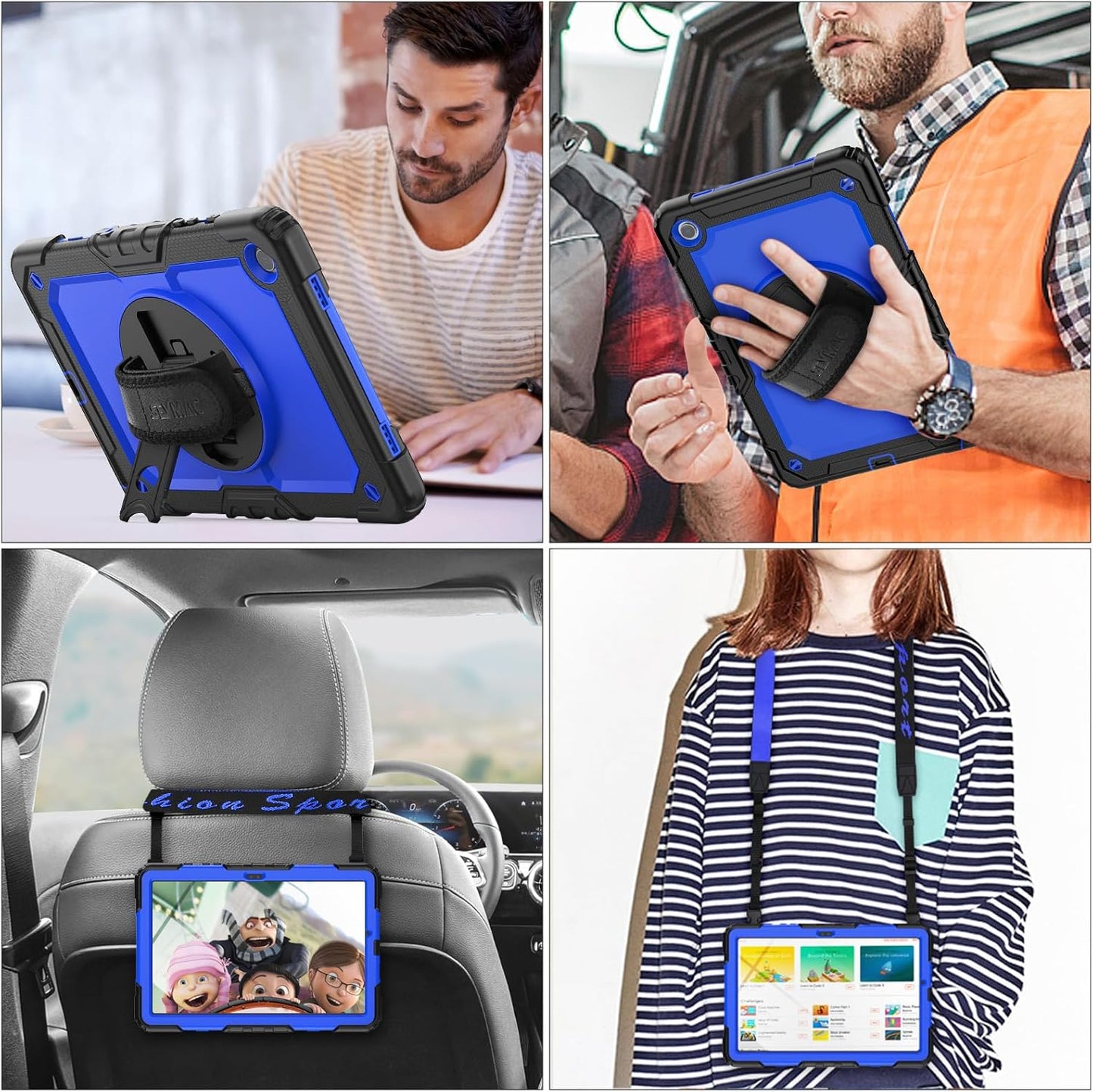SEYMAC stock Case for Samsung Galaxy Tab A8 10.5'', Full-Body Drop Protection Case with Screen Protector Pencil Holder [360° Rotating Hand Strap] &Stand, Blue+Black