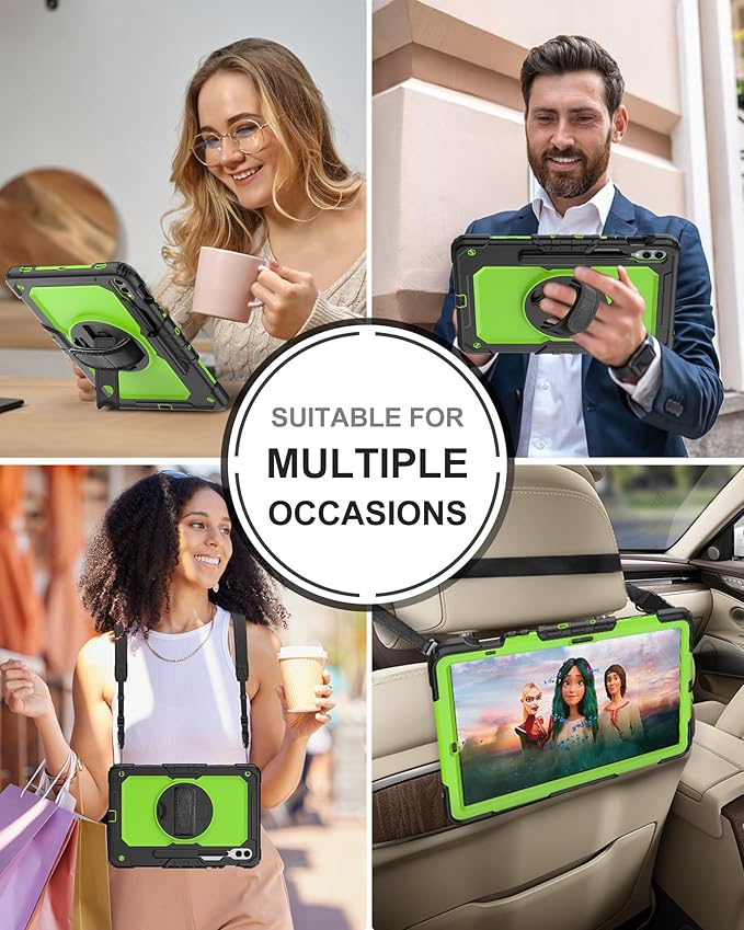Case for Samsung Galaxy Tab S10 Plus/ S9 FE Plus/ S9 Plus 5G Tablet 12.4'', Shockproof Protective Cover with [Tempered Glass Screen Protector], Stand, Shoulder Strap & S Pen Holder (Green)
