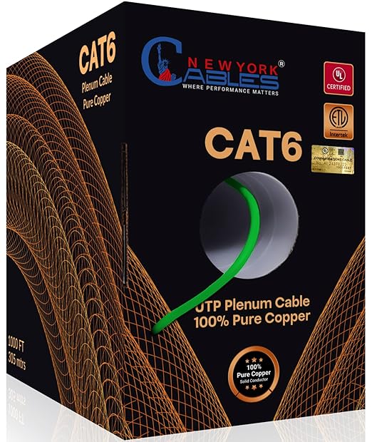 NewYork Cables | CAT6 Plenum Cable 1000ft UL/ETL Listed, 100% Pure Copper, UTP, 550MHz, 23AWG, 4Pair 10GB Ethernet Cable | Certified CMP-Rated Fire-Resistant (1000ft, Pure Copper UL Listed, Green)