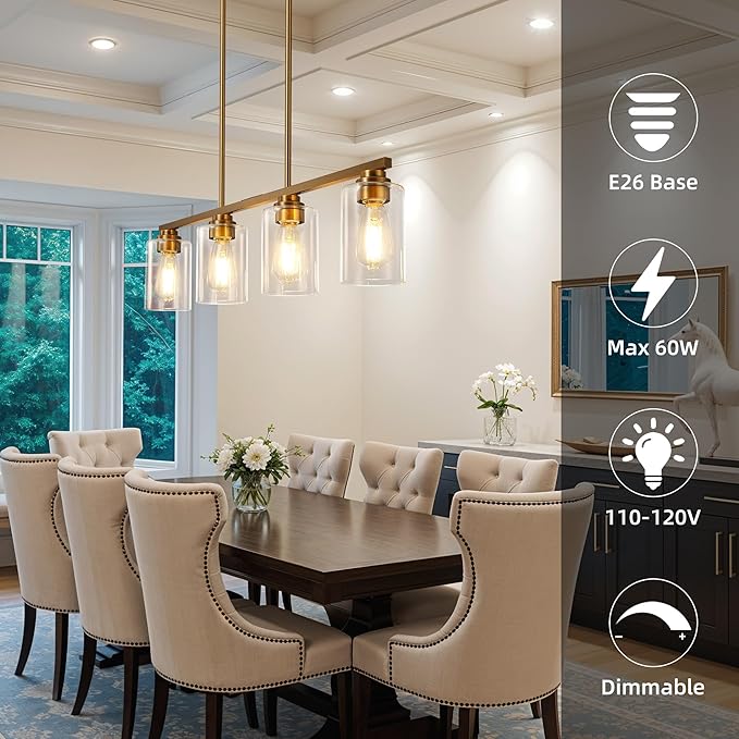 Island Light for Kitchen, Brushed Brass Dining Room Light Fixture Over Table, 4-Light Linear Chandelier Pendant Lighting for Dining Table Kitchen Island Living Room