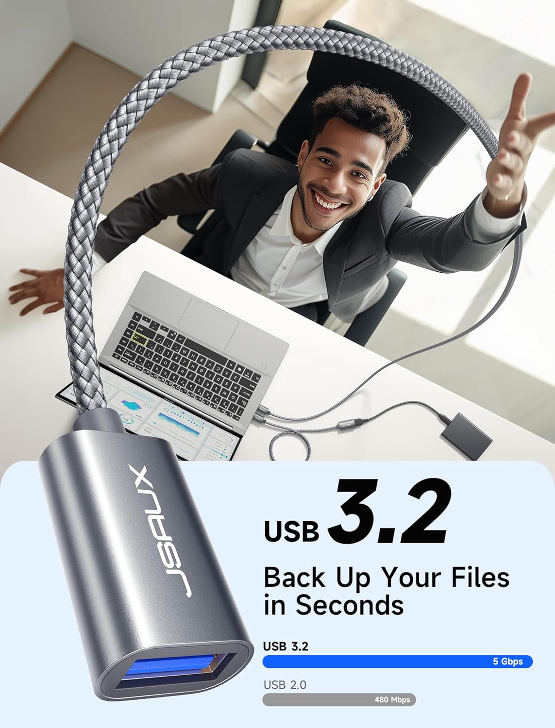 JSAUX 2Pack 10FT+10FT USB 3.0 Extension Cable, Type A Male to Female USB Extender Cord Nylon Braided Compatible with Webcam, Camera, Phone, USB hub, Mouse, Keyboard, Printer, Hard Drive, Xbox-Grey
