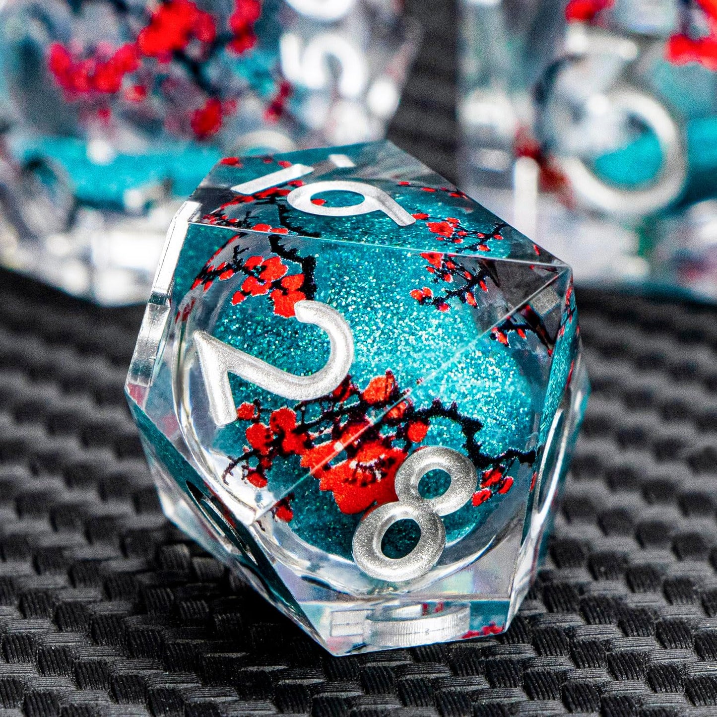 ARUOHHA DND Resin Dice Plum Blossom Liquid Core Dice Silver Blue Sharp Edged Dragons Polyhedral Dice Set with Gift Box, Role Playing Game Dungeons D and D Dice Set D20 D12 D10 D6 D4