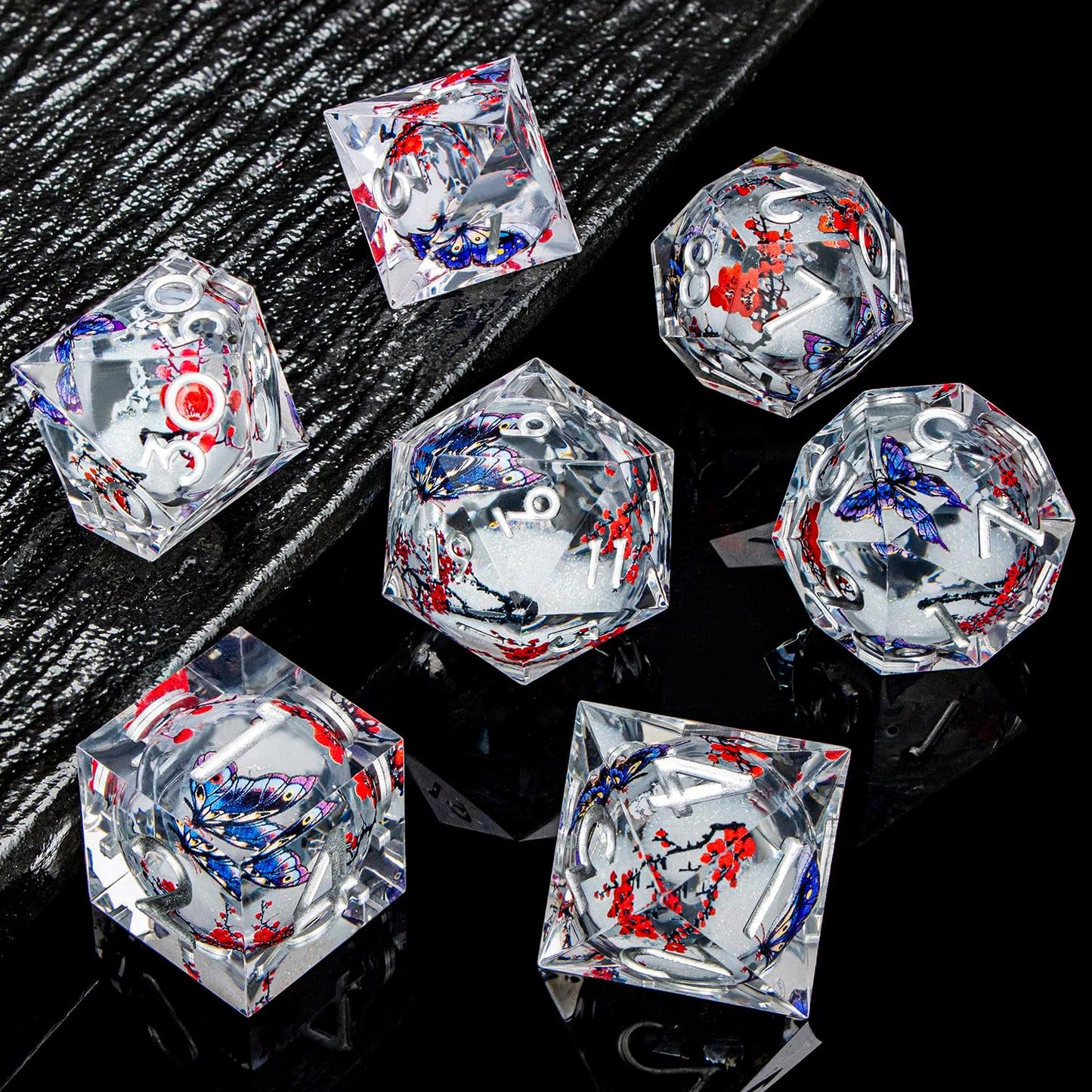 Butterfly DND Dice White Liquid Core Dice Set with Metal Box, Handmade Sharp Edge D and D Polyhedral Dice for use with D&D RPG Role Playing Game