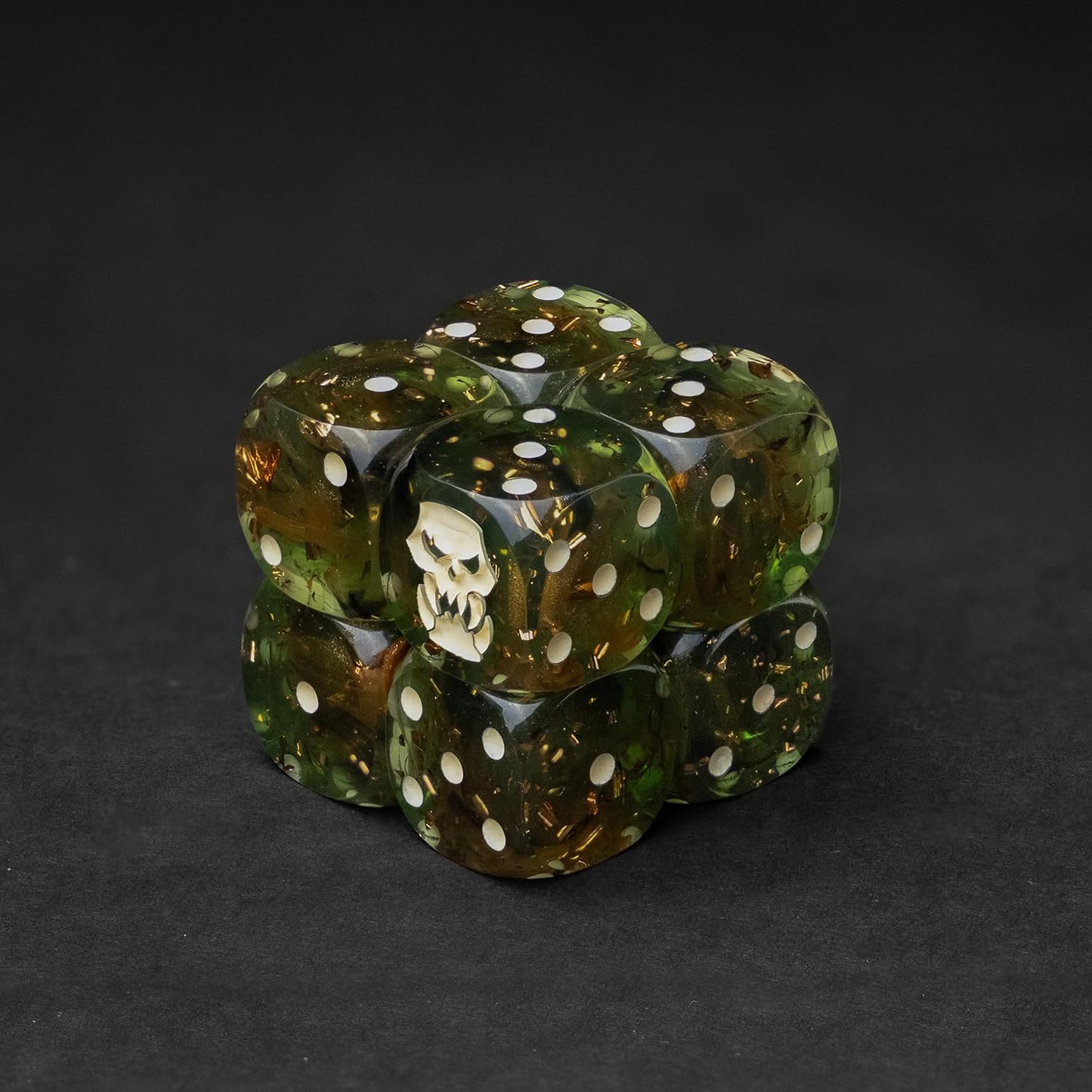 Orc D6 Dice Set – 10 x 16mm Resin Dice with Savage Skull Emblem | Dark Green Wargaming Dice for RPG & Tabletop Battles