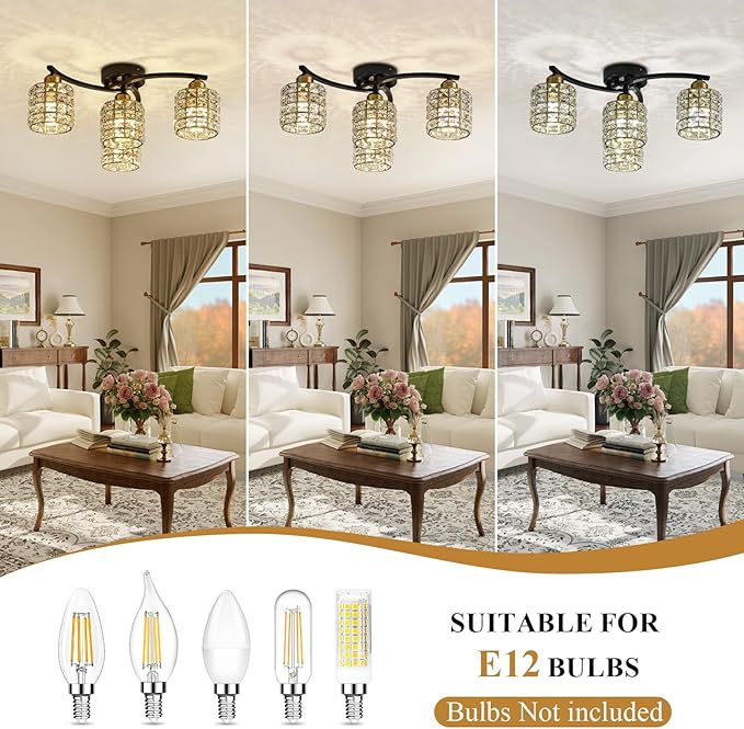 Flush Mount Ceiling Light, 4-Light Black and Gold Semi Flush Mount Lighting Fixture, Modern Farmhouse Ceiling Lamp with Crystal Shade for Bedroom, Living Room, Kitchen, Hallway