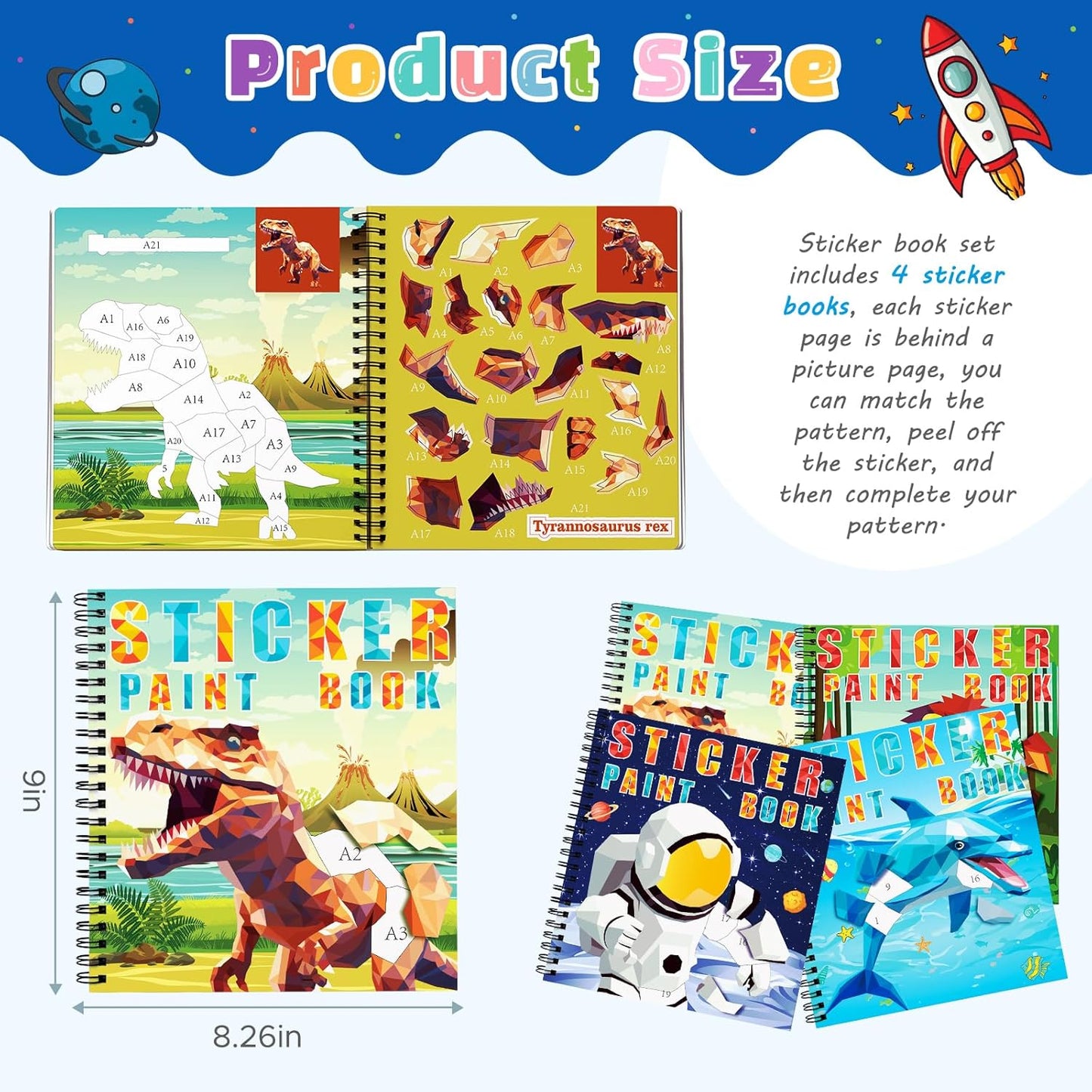 homicozy 4PCS Sticker Paint Books for Kids Ages 4-10,Dinosaur Astronaut Ocean Animals Designs Paint by Stickers,Sticker by Numbers,Party Birthday Gifts for Boys 4-10,Create 40 Pictures at a Time