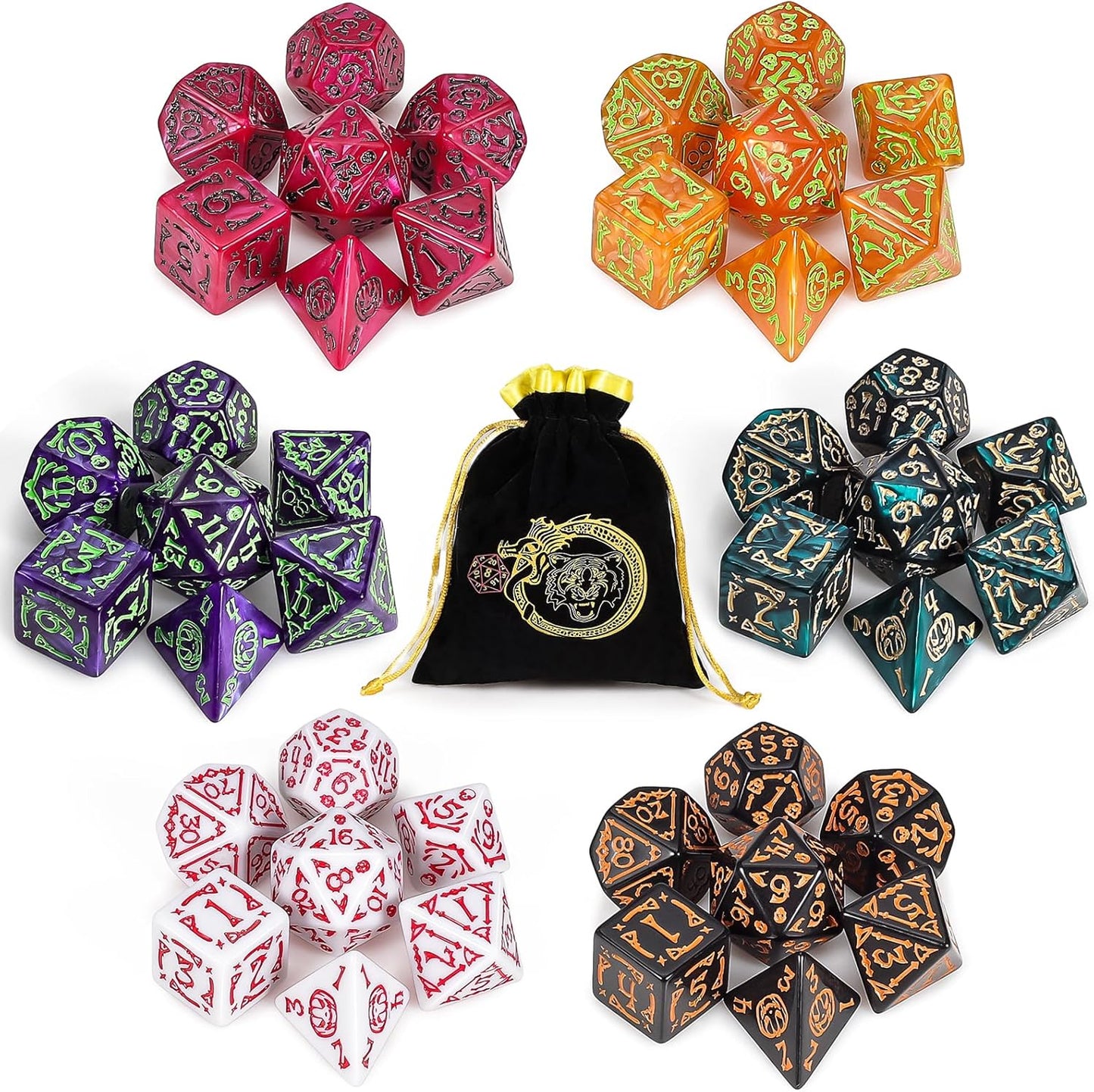 CiaraQ DND Polyhedral Dice Set (42pcs) with A Gold Pattern Drawstring Bag for Dungeons and Dragons RPG MTG Table Games. 6 Sets Halloween Pumpkin Role Playing Dice Set