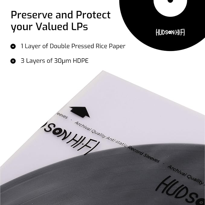 Hudson Hi-Fi Anti-Static Vinyl Record Inner Sleeves 100 Pack - Durable Clear Disc Sleeves- Protect Your LP Albums from Scratches, Dust & Dirt - Acid-Free Rice Paper Interior Disc Covers