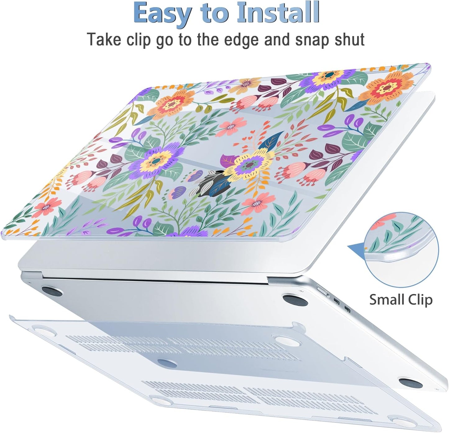 Mektron for 2025 MacBook Air 15 inch M4 Case A3241/ 2024 M3 A3114/ 2023 A2941 M2 Hard Printed Case with 15.3 Liquid Retina Display Touch ID, Plastic Hard Cover & Keyboard Skin- Floral C139-Blue