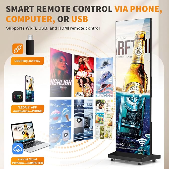 80" Seamless Splicing LED Display, Foldable Poster Screen with P1.86 Digital Signage Display LED Totem with USB/HDMI/WiFi/Remote