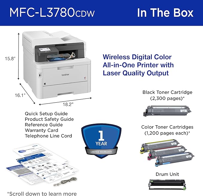 Brother MFCL3780CDW Wireless Digital Color All-in-One Laser Printer, Single Pass Duplex Copy & Scan | Includes 2 Month Refresh Subscription Trial ¹ Amazon Dash Replenishment Ready (Renewed Premium)