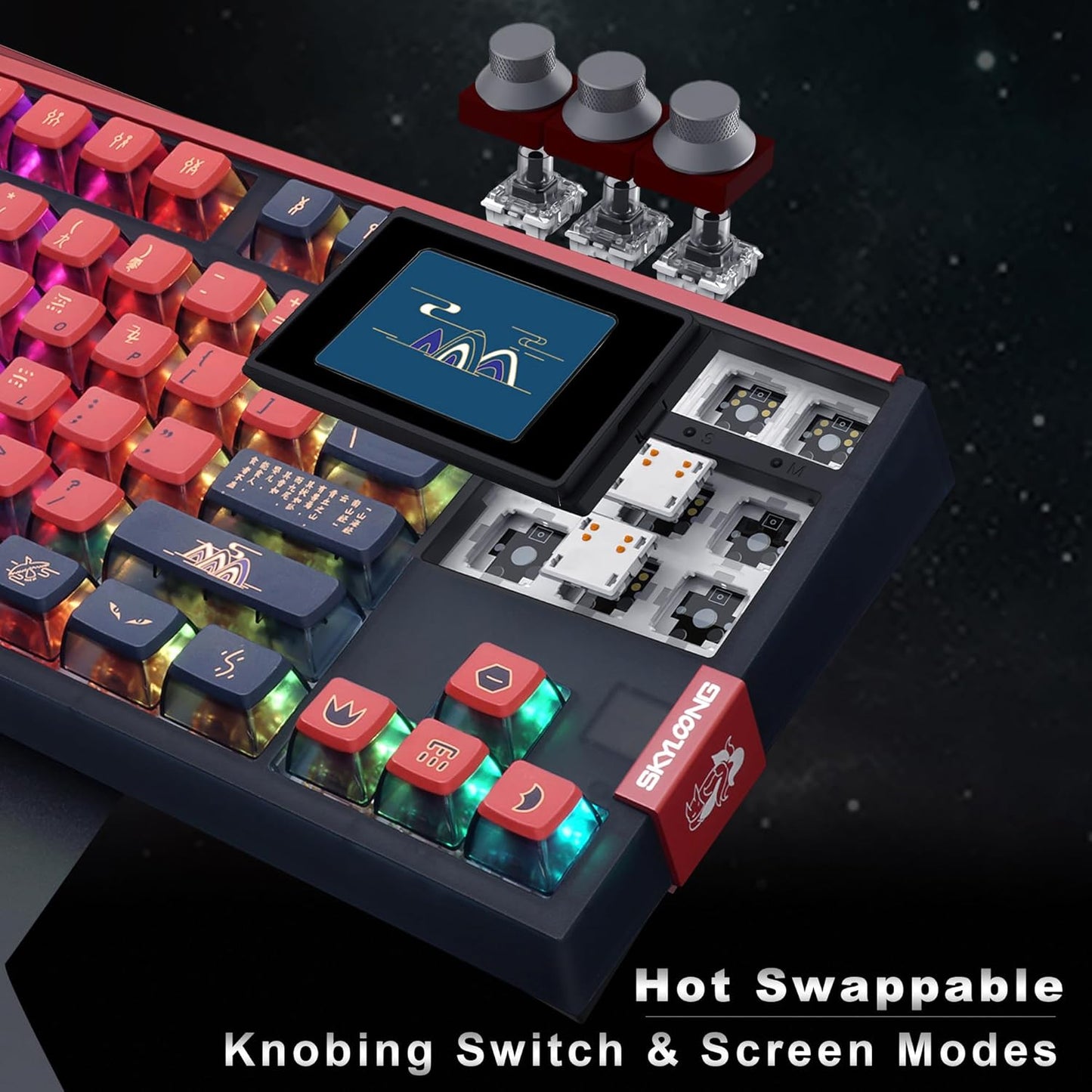 MOLGRIA SKYLOONG GK87 JIUWEI Pudding Keycaps RGB Backlit Gaming Keyboard, Hot Swappable Red Machinery Gateron Switches, Triple-Mold Connection with Knobs and LCD Display Mechanical Keyboard